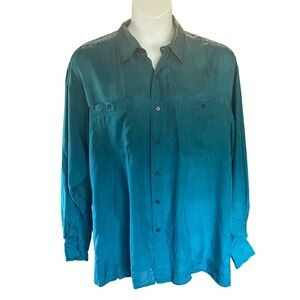 Bogari Womens Vintage Y2K Minimalist Silk Button Up Shirt XL Teal Coastal Luxury